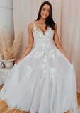 Romantic V-Neck Sleeveless Court Train Lace Tulle Wedding Dress in A-Line Design BM bride