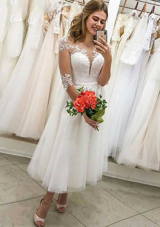 Refined A-Line Illusion Neck Half Sleeve Tea-Length Tulle Wedding Dress with Lace Waistband BM bride