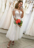 Refined A-Line Illusion Neck Half Sleeve Tea-Length Tulle Wedding Dress with Lace Waistband BM bride