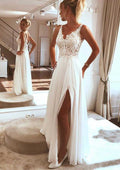 Stylish A-Line V-Neck Sleeveless Long Chiffon Wedding Dress with Split Beading and Lace Appliqueds BM bride