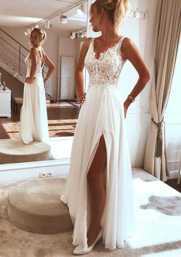 Stylish A-Line V-Neck Sleeveless Long Chiffon Wedding Dress with Split Beading and Lace Appliqueds BM bride