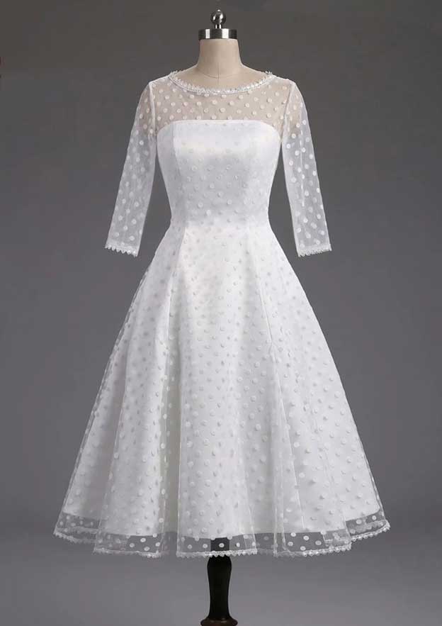 Refined Bateau Full-Length Tea-Length Tulle Wedding Dress in A-Line/Princess Silhouette BM bride