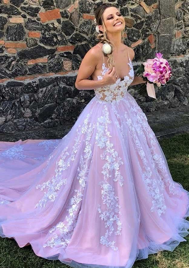 Beautiful A-Line V-Neck Sleeveless Chapel Train Lace Wedding Dress in Ball Gown Style BM bride