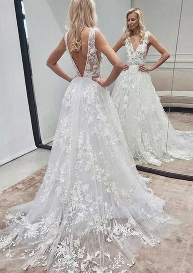 Sophisticated Princess V-Neck Sleeveless Chapel Train Lace Tulle Wedding Dress in A-Line Fit BM bride