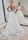 Sophisticated Princess V-Neck Sleeveless Chapel Train Lace Tulle Wedding Dress in A-Line Fit BM bride