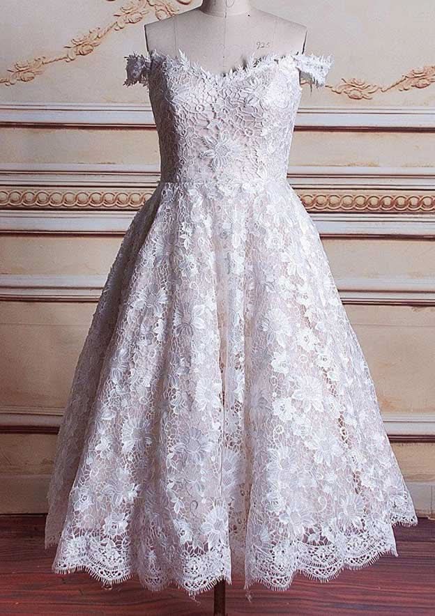 Graceful Off-the-Shoulder Sleeveless Tea-Length Lace Wedding Dress in A-Line/Princess Fit BM bride