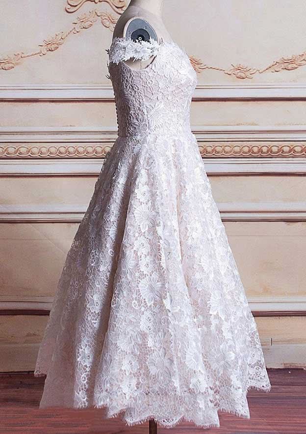 Graceful Off-the-Shoulder Sleeveless Tea-Length Lace Wedding Dress in A-Line/Princess Fit BM bride