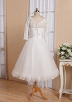 Refined A-Line V-Neck Full Long Sleeve Tea-Length Organza Lace Wedding Dress with Waistband and Pleated Flowers BM bride