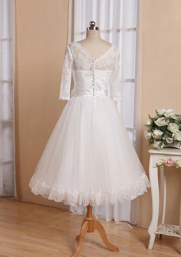 Refined A-Line V-Neck Full Long Sleeve Tea-Length Organza Lace Wedding Dress with Waistband and Pleated Flowers BM bride
