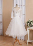 Refined A-Line V-Neck Full Long Sleeve Tea-Length Organza Lace Wedding Dress with Waistband and Pleated Flowers BM bride