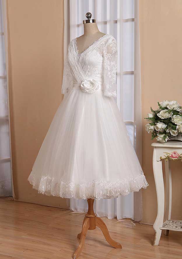 Refined A-Line V-Neck Full Long Sleeve Tea-Length Organza Lace Wedding Dress with Waistband and Pleated Flowers BM bride