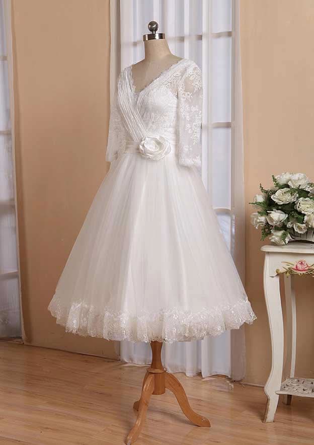 Refined A-Line V-Neck Full Long Sleeve Tea-Length Organza Lace Wedding Dress with Waistband and Pleated Flowers BM bride