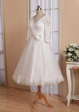 Refined A-Line V-Neck Full Long Sleeve Tea-Length Organza Lace Wedding Dress with Waistband and Pleated Flowers BM bride