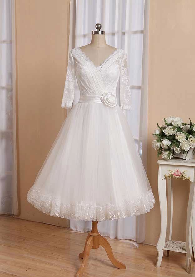 Refined A-Line V-Neck Full Long Sleeve Tea-Length Organza Lace Wedding Dress with Waistband and Pleated Flowers BM bride