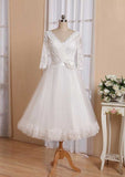 Refined A-Line V-Neck Full Long Sleeve Tea-Length Organza Lace Wedding Dress with Waistband and Pleated Flowers BM bride