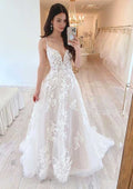 Elegant A-Line V-Neck Sleeveless Wedding Dress: Court Train in Lace and Tulle BM bride