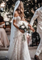 Modern Sheath/Column Strapless Wedding Dress with Short Sleeves and Sweep Train, Featuring Beautiful Lace Details BM bride