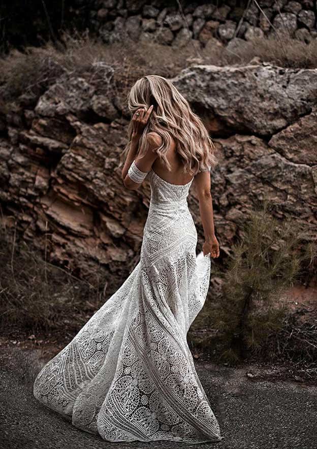 Modern Sheath/Column Strapless Wedding Dress with Short Sleeves and Sweep Train, Featuring Beautiful Lace Details BM bride