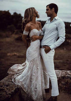 Modern Sheath/Column Strapless Wedding Dress with Short Sleeves and Sweep Train, Featuring Beautiful Lace Details BM bride