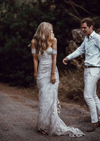 Modern Sheath/Column Strapless Wedding Dress with Short Sleeves and Sweep Train, Featuring Beautiful Lace Details BM bride