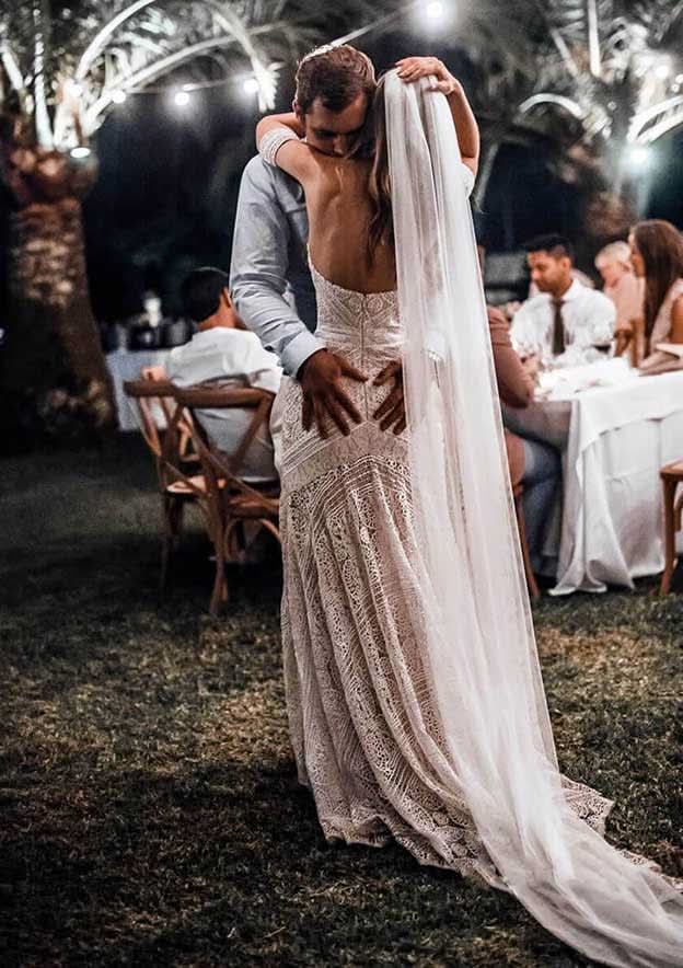 Modern Sheath/Column Strapless Wedding Dress with Short Sleeves and Sweep Train, Featuring Beautiful Lace Details BM bride