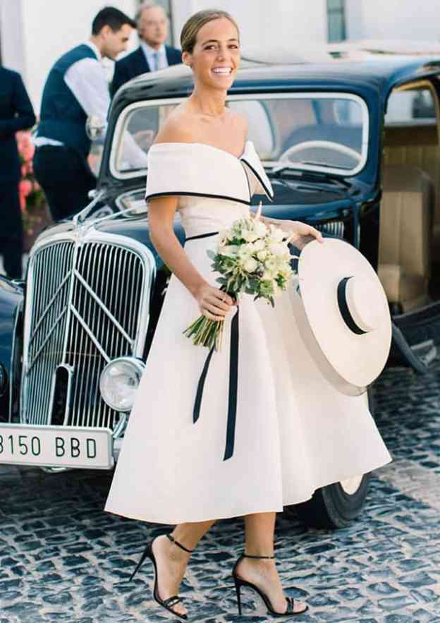 Charming Off-the-Shoulder Short Sleeve Satin Tea-Length Wedding Dress with Satin Trim in A-Line Style BM bride