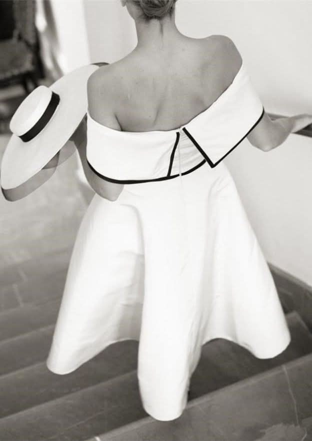 Charming Off-the-Shoulder Short Sleeve Satin Tea-Length Wedding Dress with Satin Trim in A-Line Style BM bride