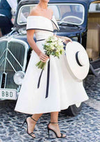 Charming Off-the-Shoulder Short Sleeve Satin Tea-Length Wedding Dress with Satin Trim in A-Line Style BM bride