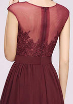 Floor-Length Chiffon Bridesmaid Dress, A-Line Style, Illusion Neck, Sleeveless, Split, Appliqued, And Lace BM bride