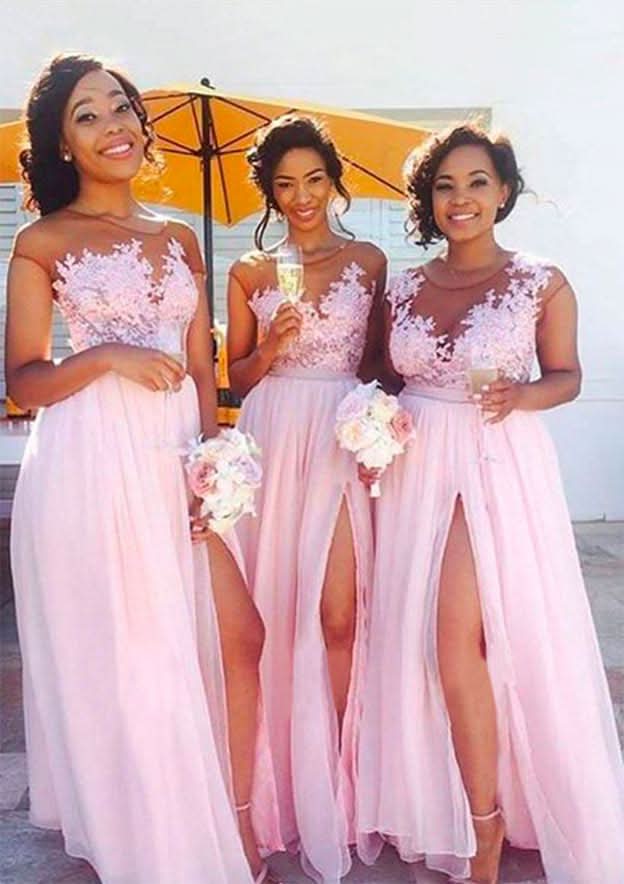 Floor-Length Chiffon Bridesmaid Dress, A-Line Style, Illusion Neck, Sleeveless, Split, Appliqued, And Lace BM bride