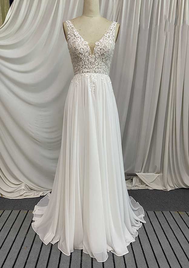 Classic Chiffon A-Line Wedding Dress with Court Train and Appliqued Details BM bride