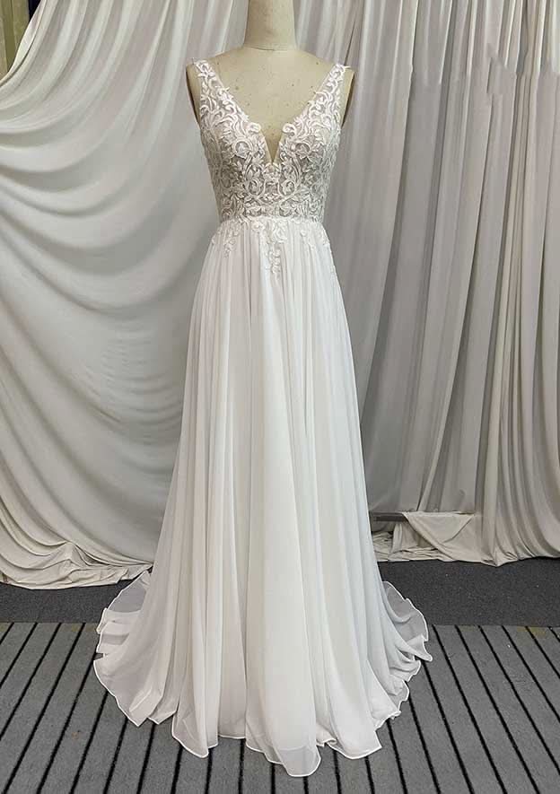 Classic Chiffon A-Line Wedding Dress with Court Train and Appliqued Details BM bride