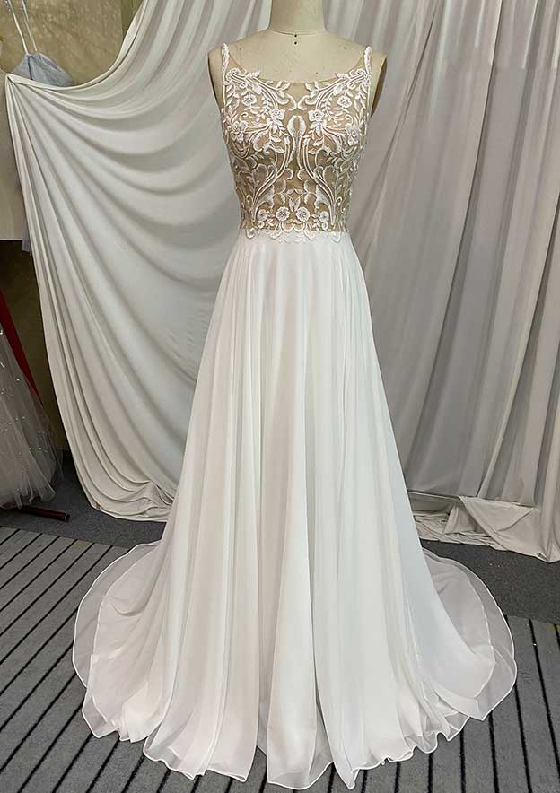 Beautiful Chiffon A-Line Wedding Dress with Court Train and Appliqued Accents BM bride