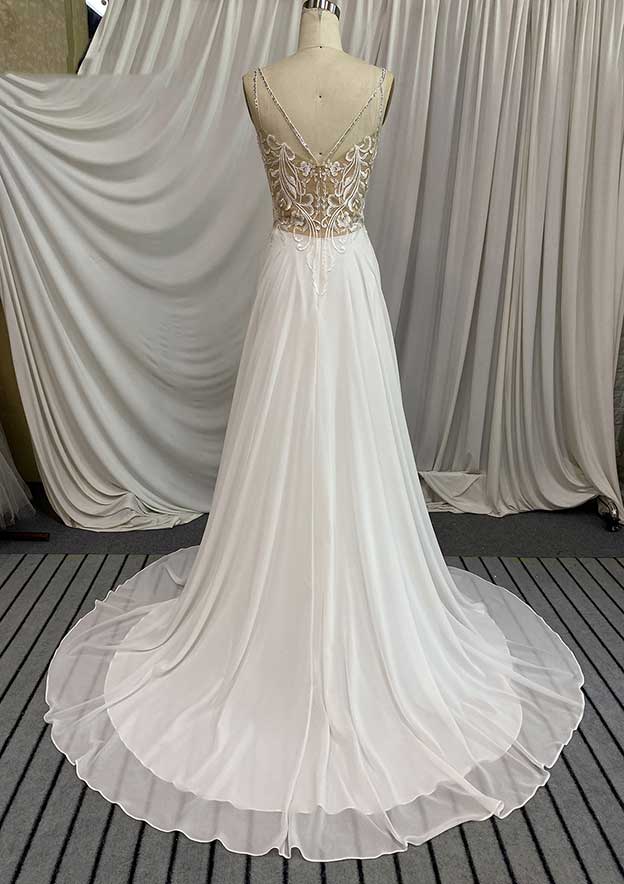 Beautiful Chiffon A-Line Wedding Dress with Court Train and Appliqued Accents BM bride