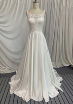 Elegant Taffeta A-Line Wedding Dress with Sweep Train and Embroidery Details BM bride