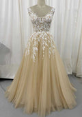 Graceful Lace and Tulle Wedding Dress: A-Line/Princess Court Train with Appliqued Lace Accents BM bride