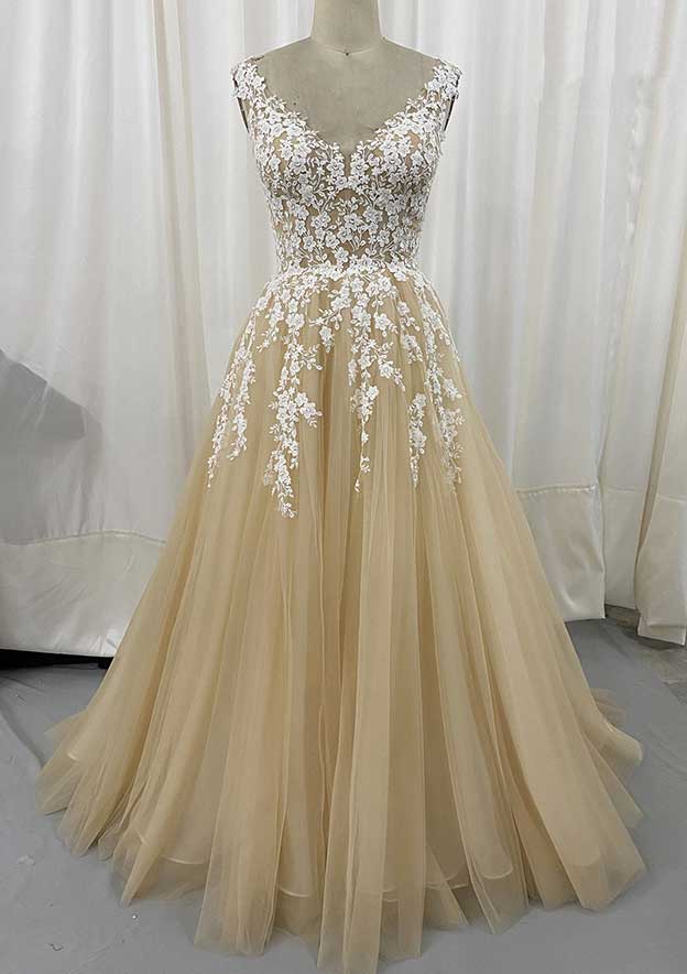 Graceful Lace and Tulle Wedding Dress: A-Line/Princess Court Train with Appliqued Lace Accents BM bride