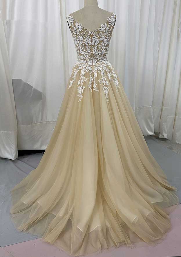 Graceful Lace and Tulle Wedding Dress: A-Line/Princess Court Train with Appliqued Lace Accents BM bride