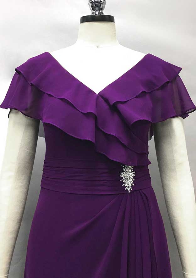 Sheath/Column Empire Long/Floor-Length Chiffon Mother of the Bride Dress with Pleated Ruffles BM bride