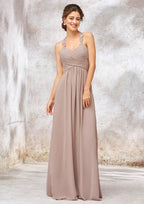 A-Line Chiffon Bridesmaid Dress, Floor-Length, Sleeveless, Sweetheart Neck, Embellished With Lace And Pleats BM bride