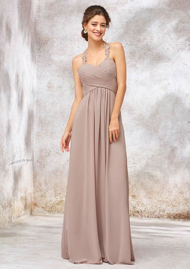 A-Line Chiffon Bridesmaid Dress, Floor-Length, Sleeveless, Sweetheart Neck, Embellished With Lace And Pleats BM bride