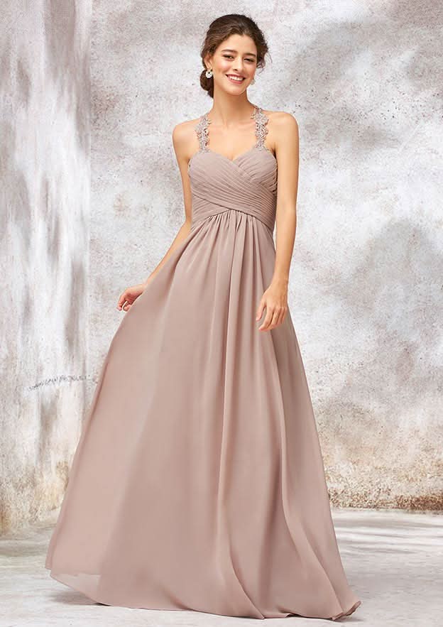 A-Line Chiffon Bridesmaid Dress, Floor-Length, Sleeveless, Sweetheart Neck, Embellished With Lace And Pleats BM bride