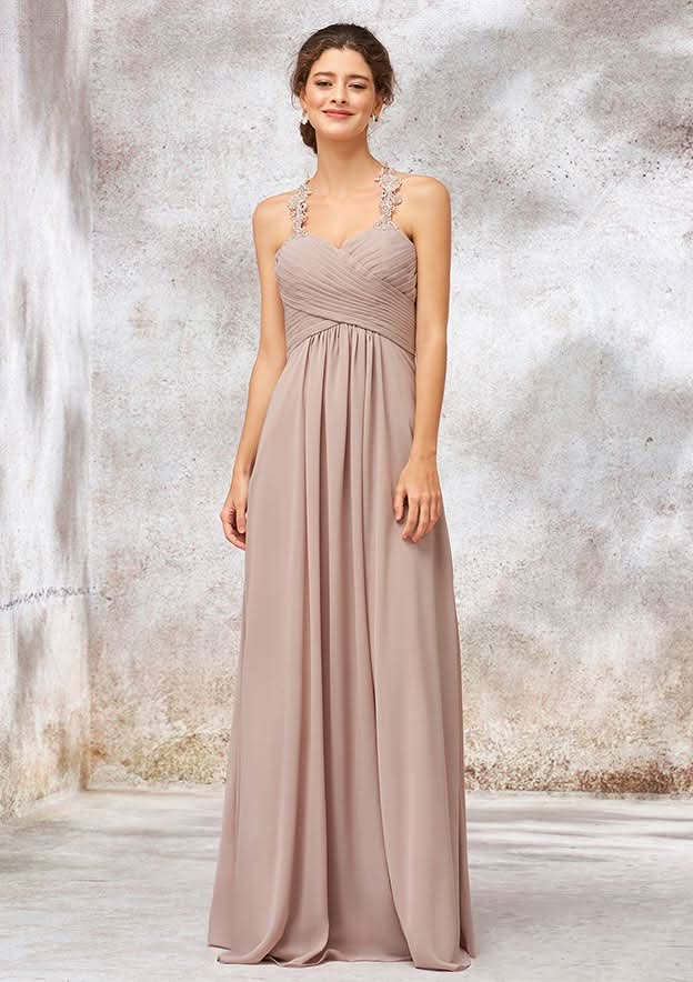 A-Line Chiffon Bridesmaid Dress, Floor-Length, Sleeveless, Sweetheart Neck, Embellished With Lace And Pleats BM bride