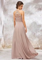 A-Line Chiffon Bridesmaid Dress, Floor-Length, Sleeveless, Sweetheart Neck, Embellished With Lace And Pleats BM bride