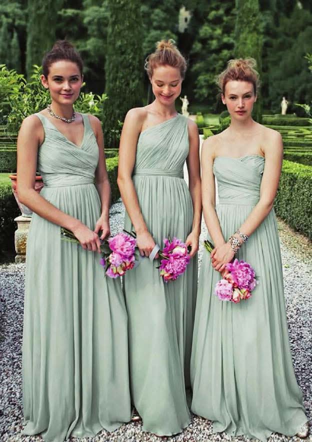 Elegant A-Line Floor-Length Sleeveless Pleated Combination Bridesmaid Dress BM bride