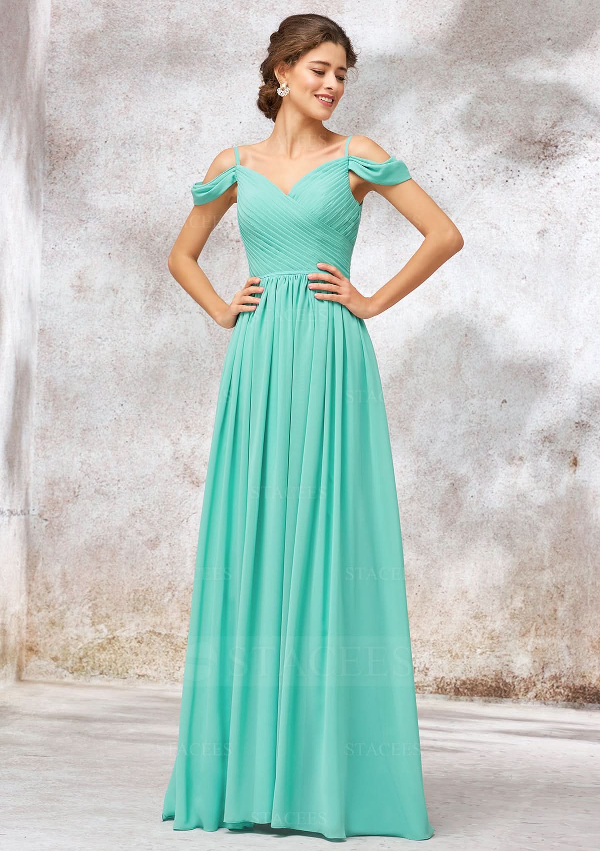 Long/Floor-Length Chiffon Bridesmaid Dress, V-Neck, Sleeveless, With Pleats BM bride