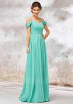 Long/Floor-Length Chiffon Bridesmaid Dress, V-Neck, Sleeveless, With Pleats BM bride