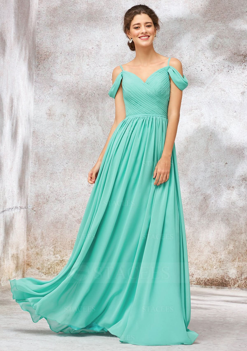 Long/Floor-Length Chiffon Bridesmaid Dress, V-Neck, Sleeveless, With Pleats BM bride