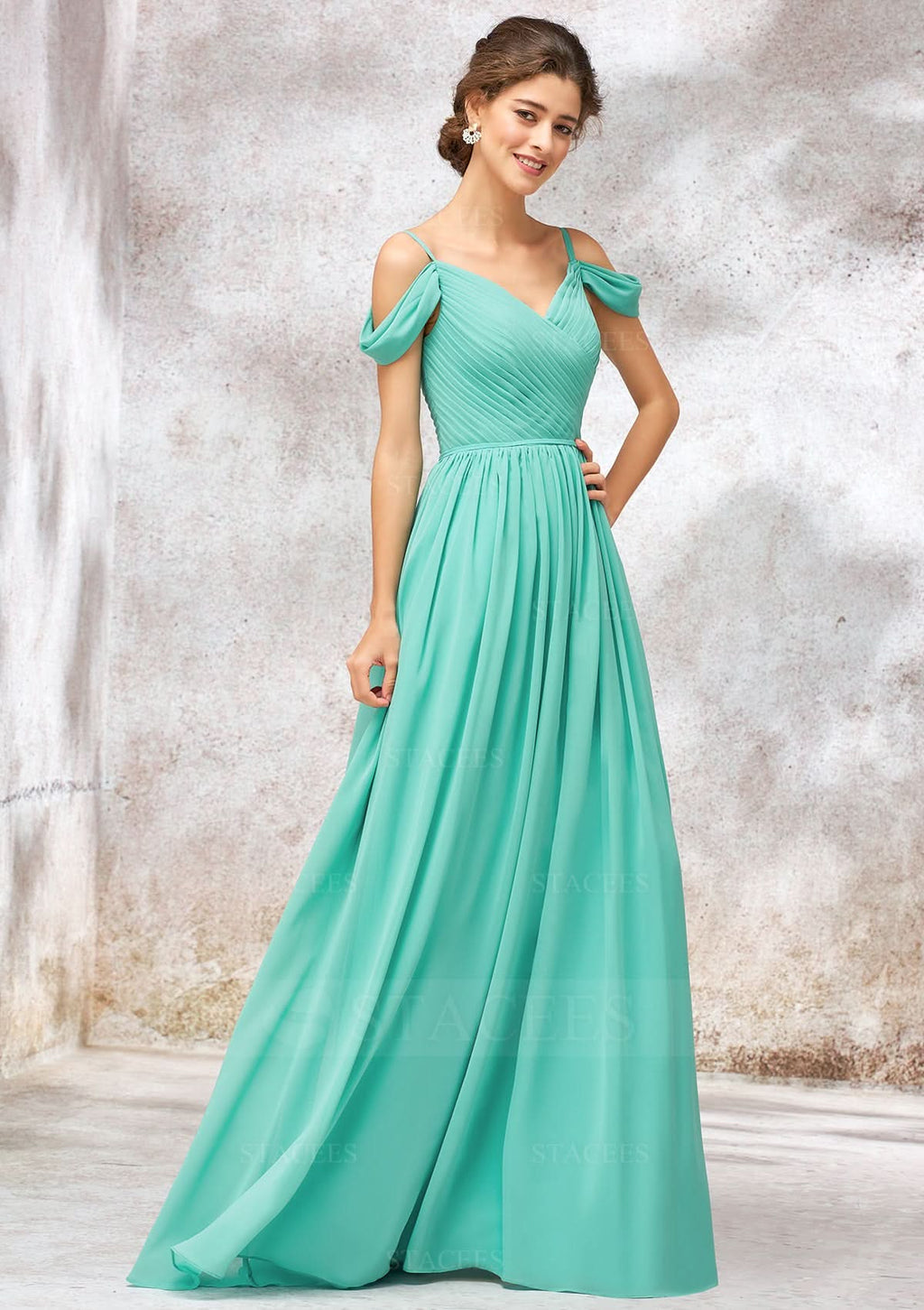 Long/Floor-Length Chiffon Bridesmaid Dress, V-Neck, Sleeveless, With Pleats BM bride