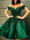 Elegant A-Line Off-The-Shoulder Sleeveless Satin Mini Homecoming Dress With Appliqued Lace BM bride